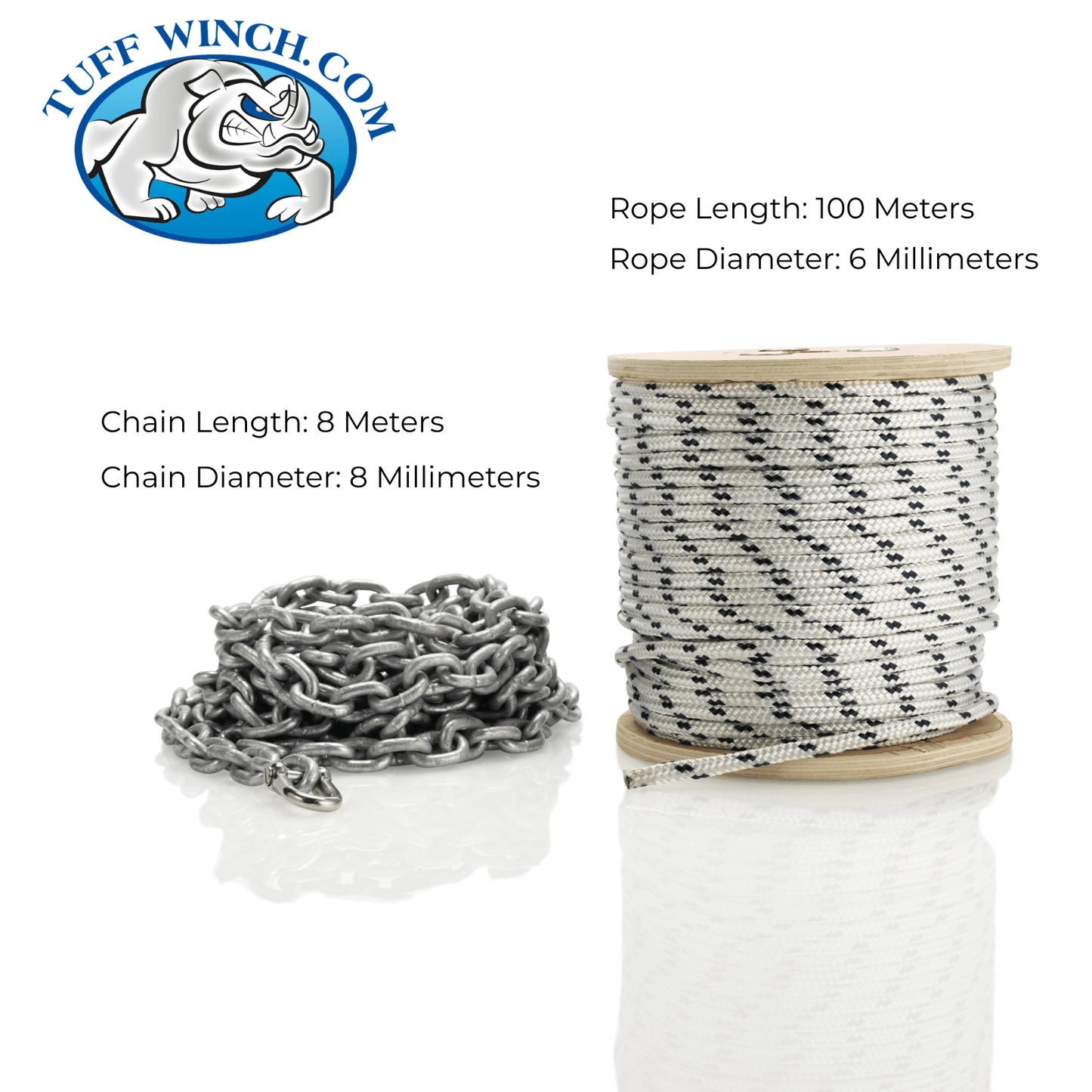 100M 6mm Double Braid Nylon Rope With 8M 8mm Galvanised Chain