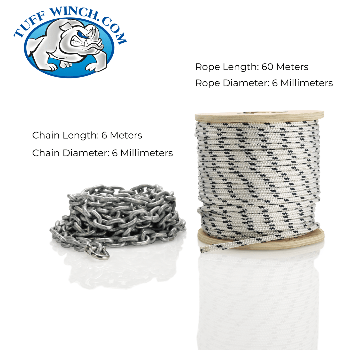 60M 6mm Double Braid Nylon Rope With 6M 6mm Galvanised Chain