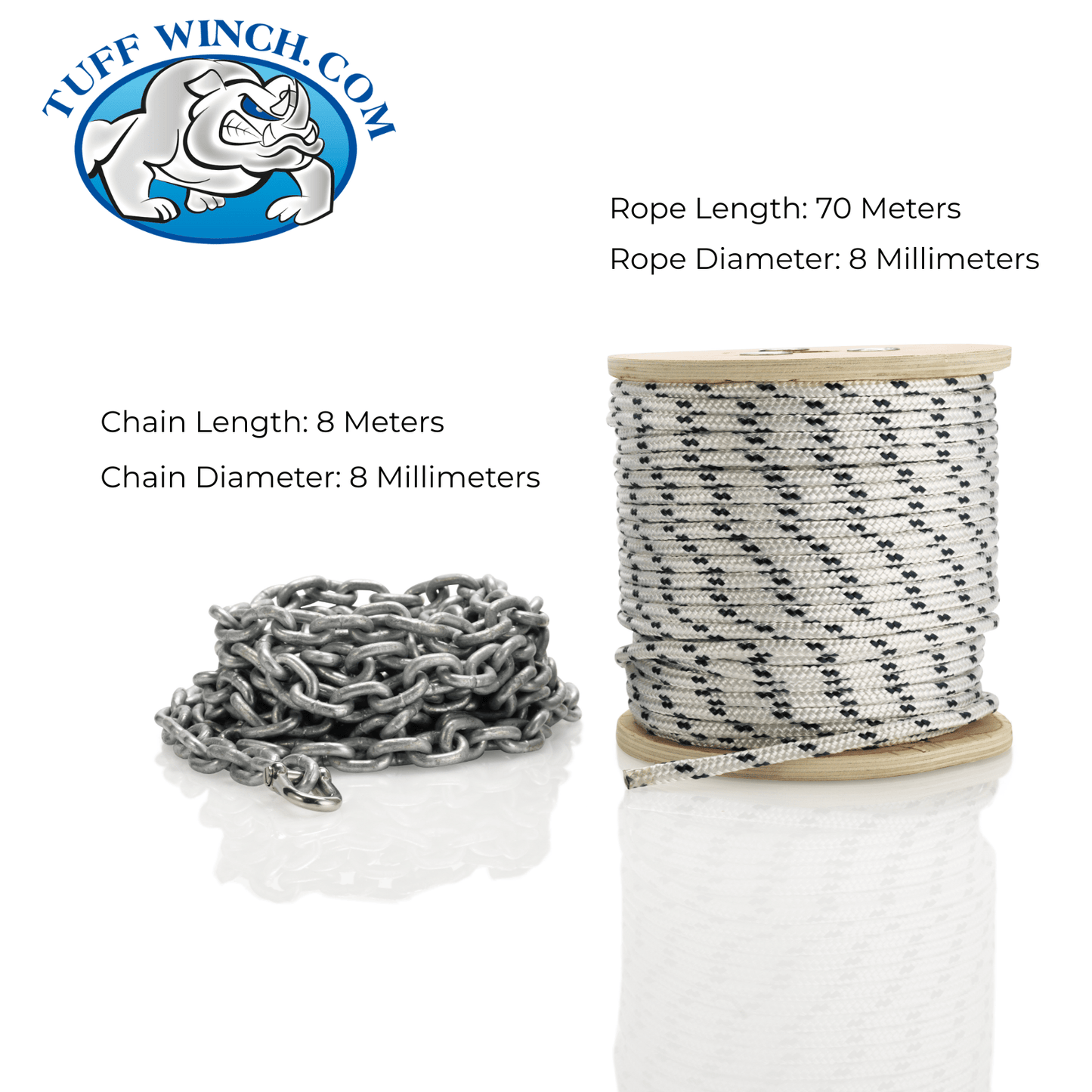 70M 8mm Double Braid Nylon Rope With 6M 6mm Galvanised Chain