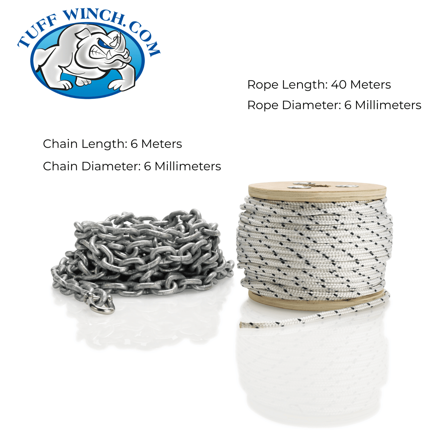 40M 6mm Double Braid Nylon Rope With 6M 6mm Galvanised Chain